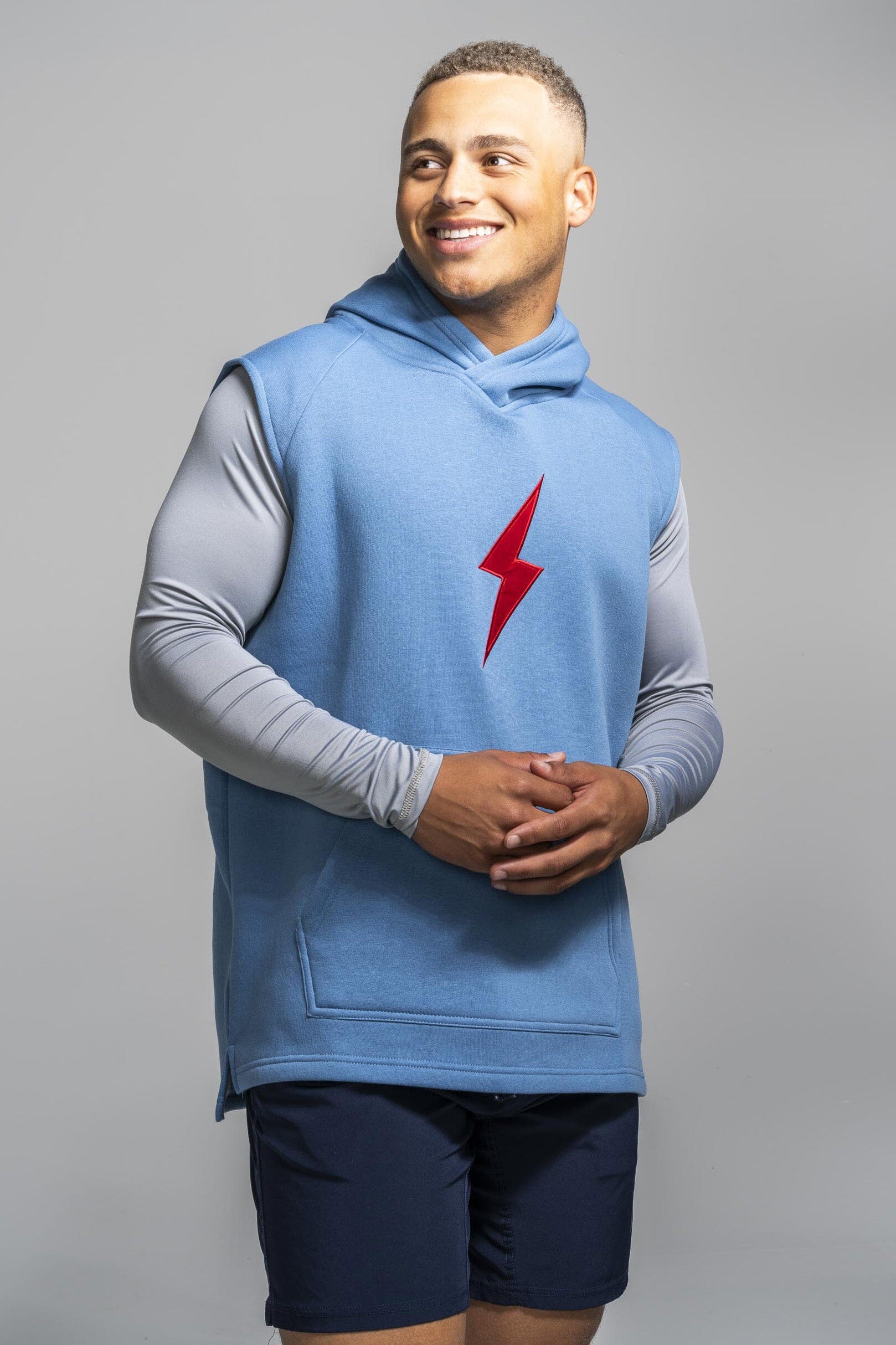 BRUCE BOLT "BOLT" Sleeveless Hoodie - BABY BLUE w/ Red Bolt- quickbuy
