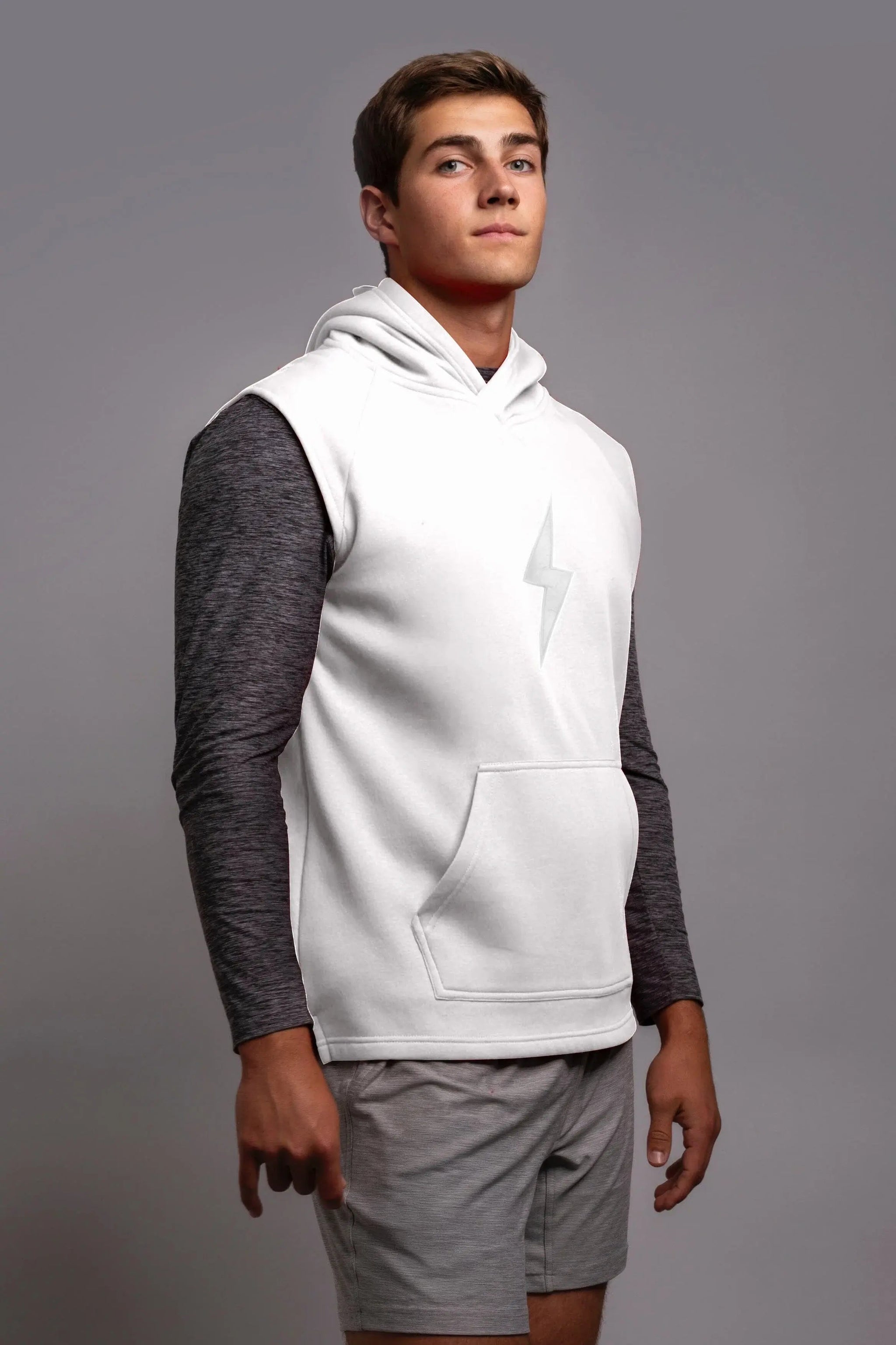 BRUCE BOLT "BOLT" Sleeveless Hoodie - WHITE w/ White Bolt- quickbuy
